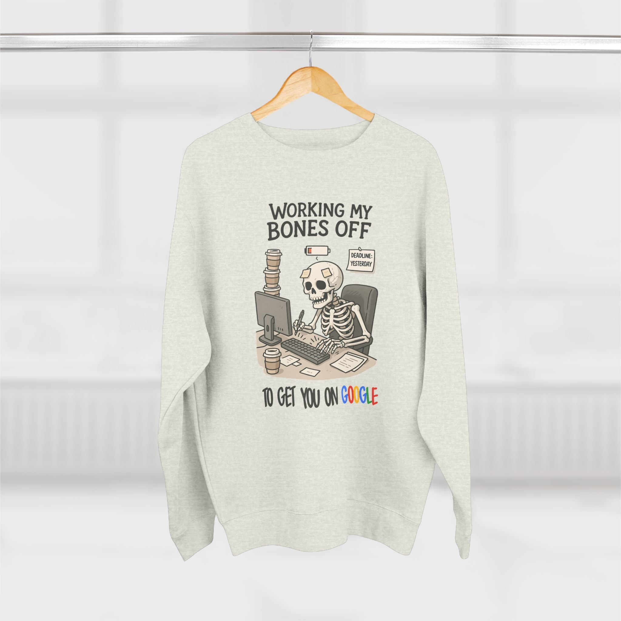 Unisex Working My Bones Off Sweatshirt, Funny Skeleton Crewneck, Casual Gift, Halloween Apparel, Office Humor Clothing, Relaxed Fit Sweatshirt
