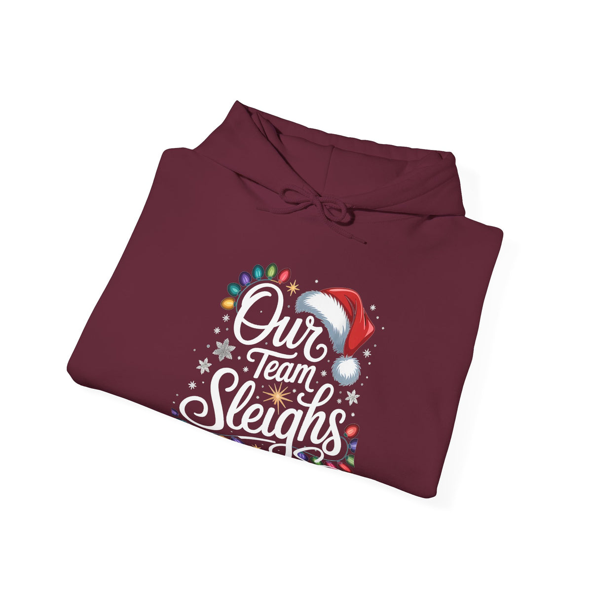 Our Team Sleighs Search Perfect Hoodie — Christmas Lights & Santa Hat Pullover