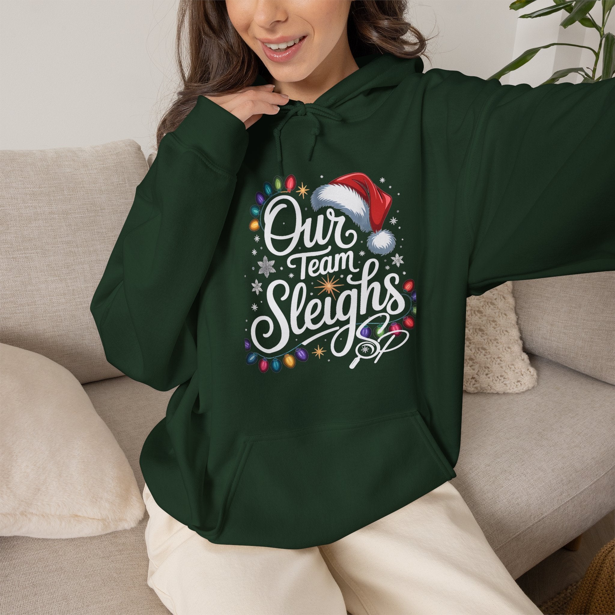 Our Team Sleighs Search Perfect Hoodie — Christmas Lights & Santa Hat Pullover