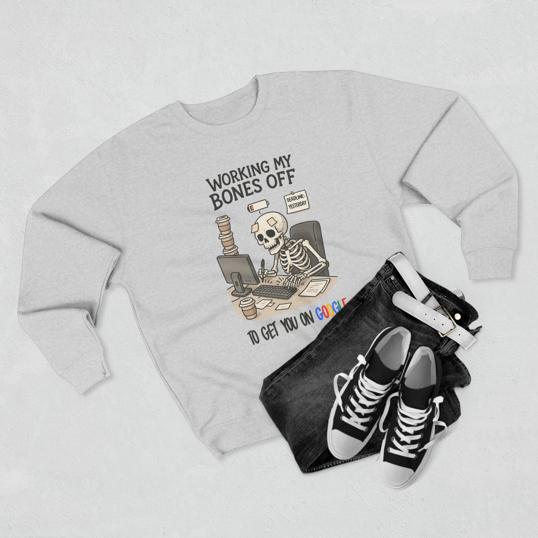 Unisex Working My Bones Off Sweatshirt, Funny Skeleton Crewneck, Casual Gift, Halloween Apparel, Office Humor Clothing, Relaxed Fit Sweatshirt