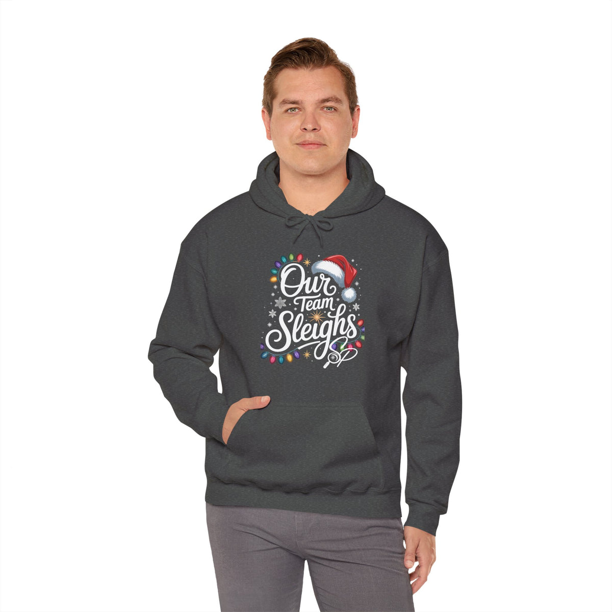 Our Team Sleighs Search Perfect Hoodie — Christmas Lights & Santa Hat Pullover