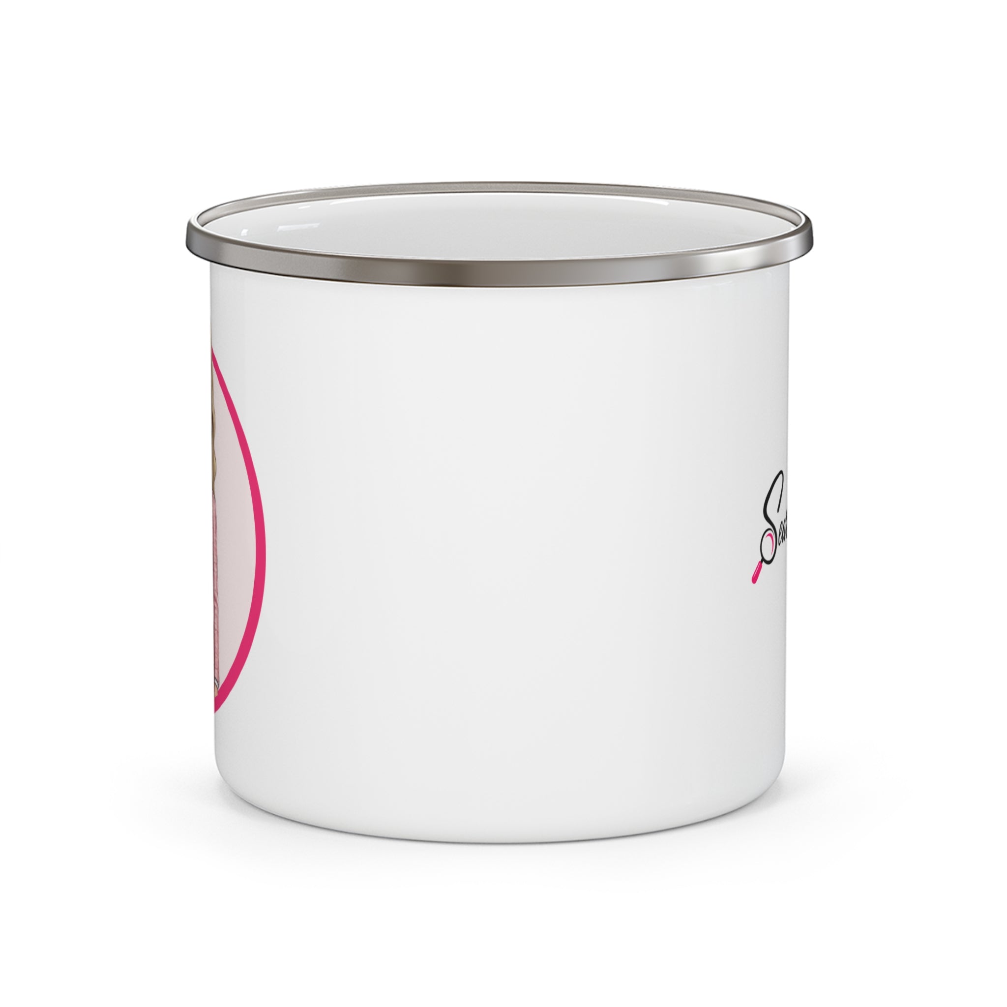 Enamel Camping Mug — Search Perfect  Retro Pink Circle Camper Coffee Cup for Outdoor Lovers
