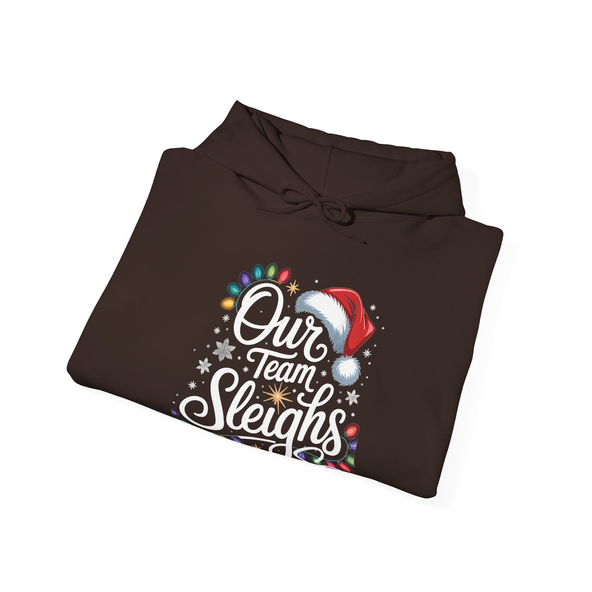 Our Team Sleighs Search Perfect Hoodie — Christmas Lights & Santa Hat Pullover