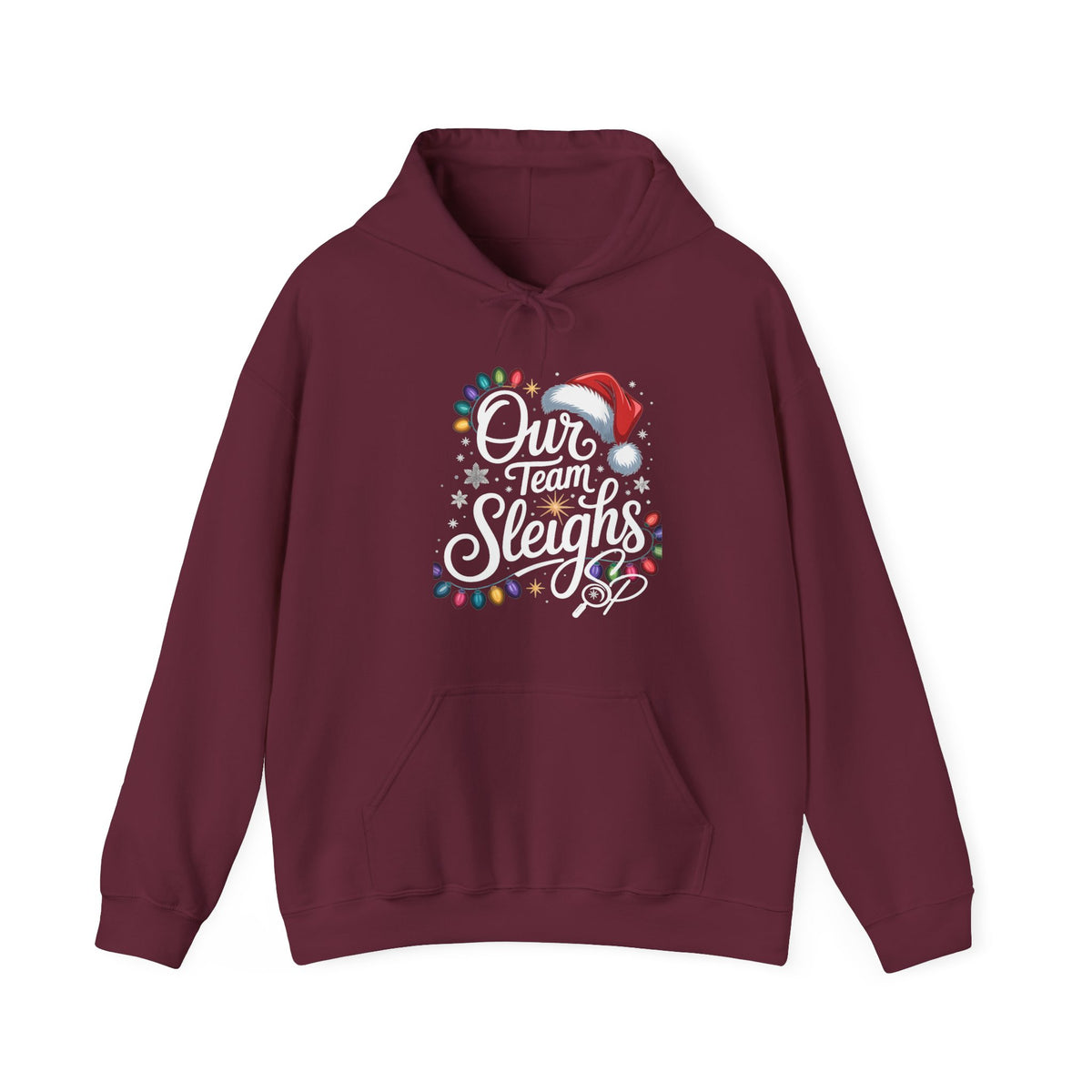 Our Team Sleighs Search Perfect Hoodie — Christmas Lights & Santa Hat Pullover