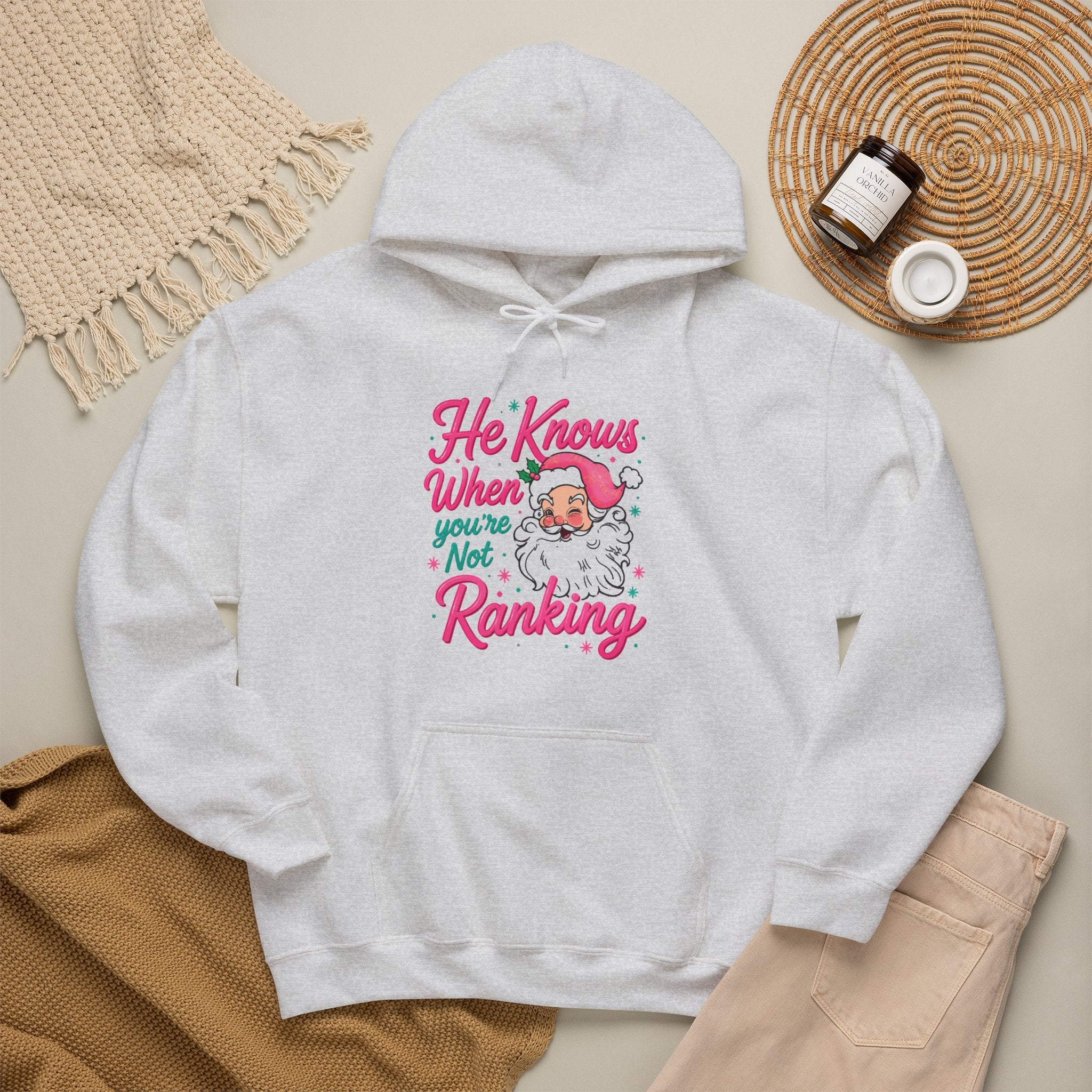 Santa Graphic Hoodie — "He Knows When You’re Not Ranking" SEO Funny Holiday Hoodie (Search Perfect Back)