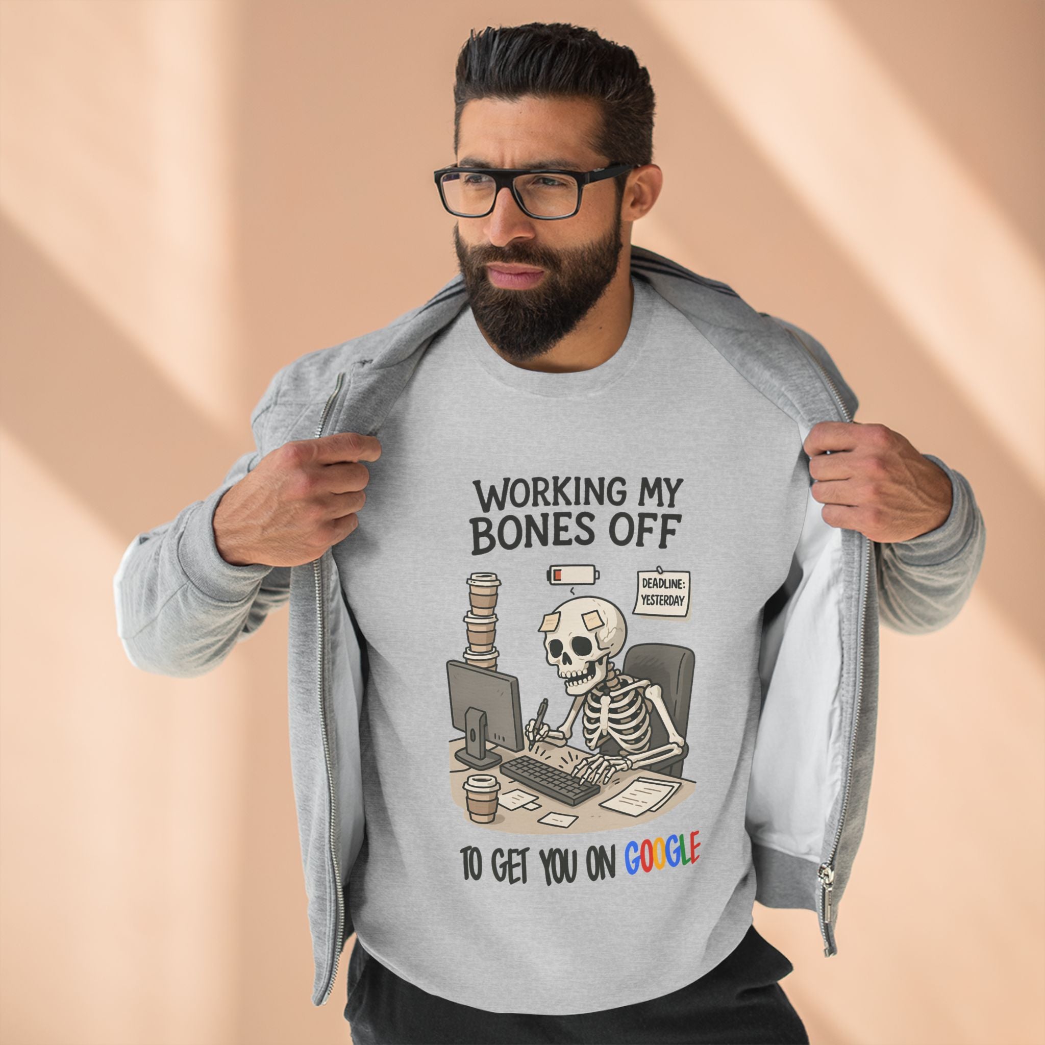 Unisex Working My Bones Off Sweatshirt, Funny Skeleton Crewneck, Casual Gift, Halloween Apparel, Office Humor Clothing, Relaxed Fit Sweatshirt
