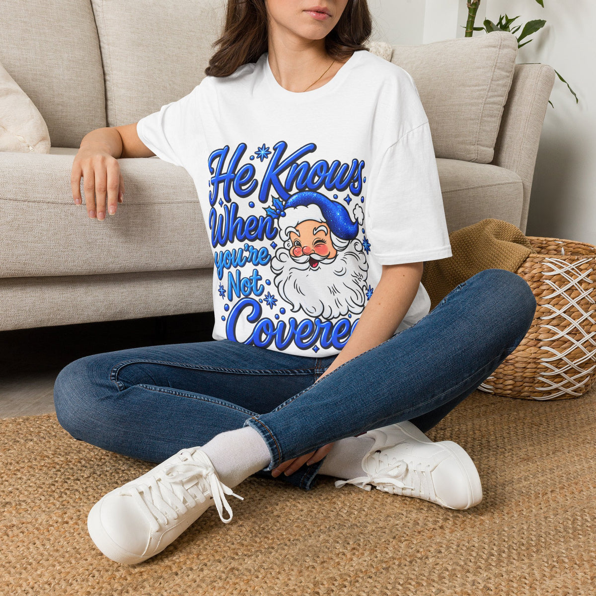 He Knows When You Are Not Covered Santa Christmas T-Shirt - Blue Black