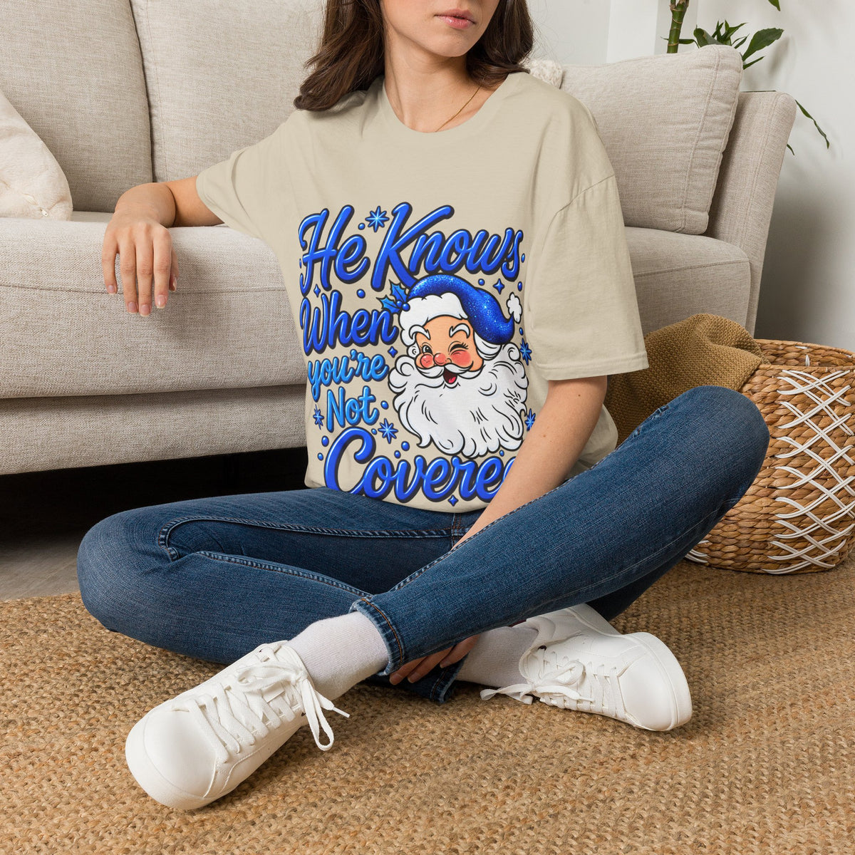 He Knows When You Are Not Covered Santa Christmas T-Shirt - Blue Black