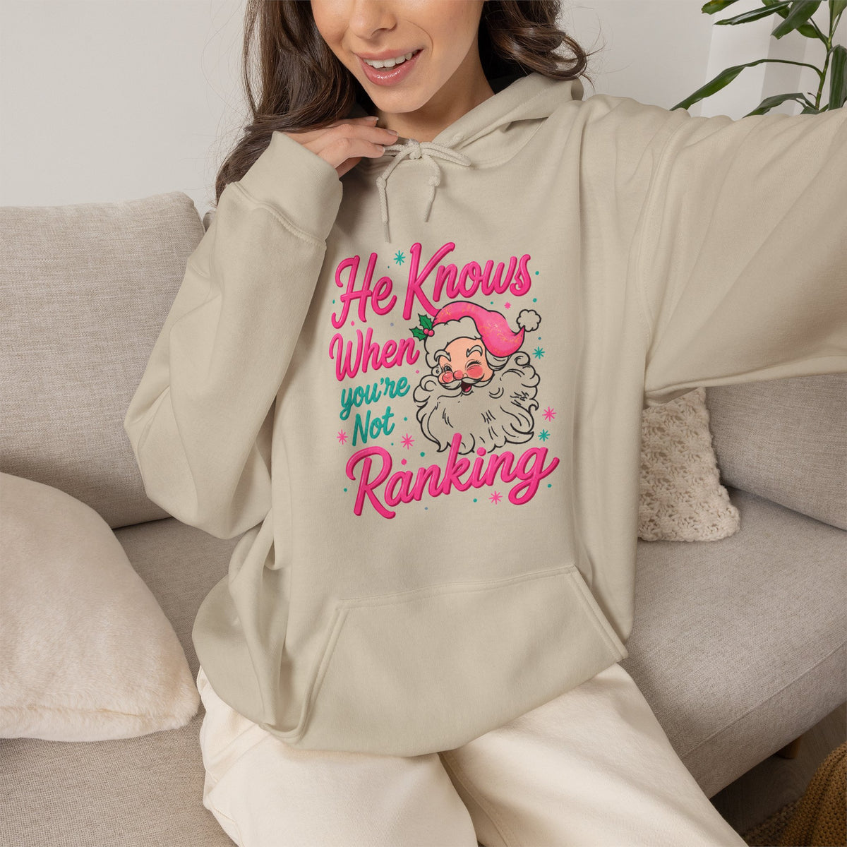 Santa Graphic Hoodie — "He Knows When You’re Not Ranking" SEO Funny Holiday Hoodie (Search Perfect Back)