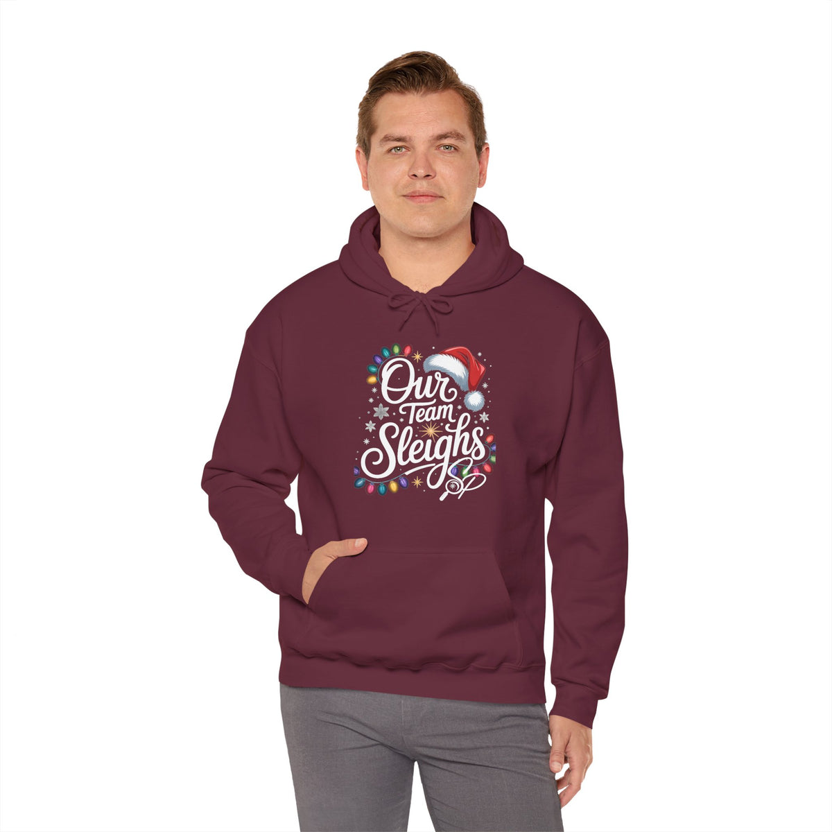 Our Team Sleighs Search Perfect Hoodie — Christmas Lights & Santa Hat Pullover