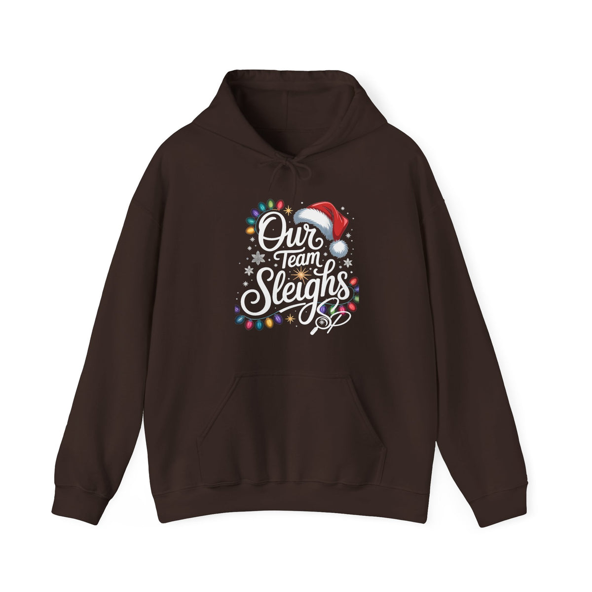 Our Team Sleighs Search Perfect Hoodie — Christmas Lights & Santa Hat Pullover