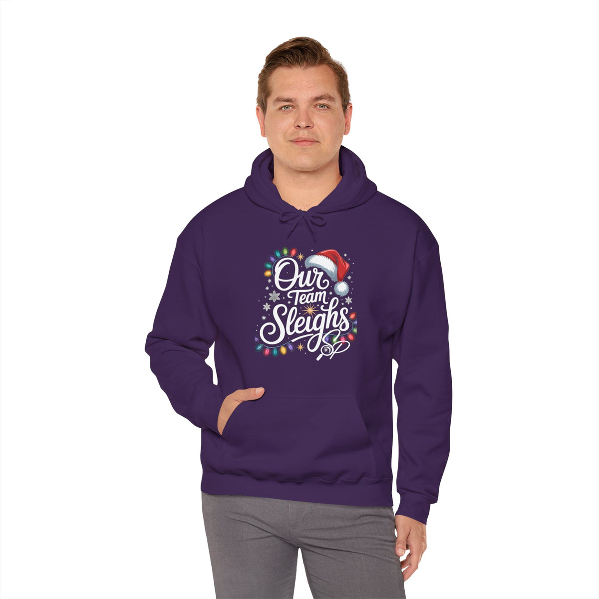 Our Team Sleighs Search Perfect Hoodie — Christmas Lights & Santa Hat Pullover