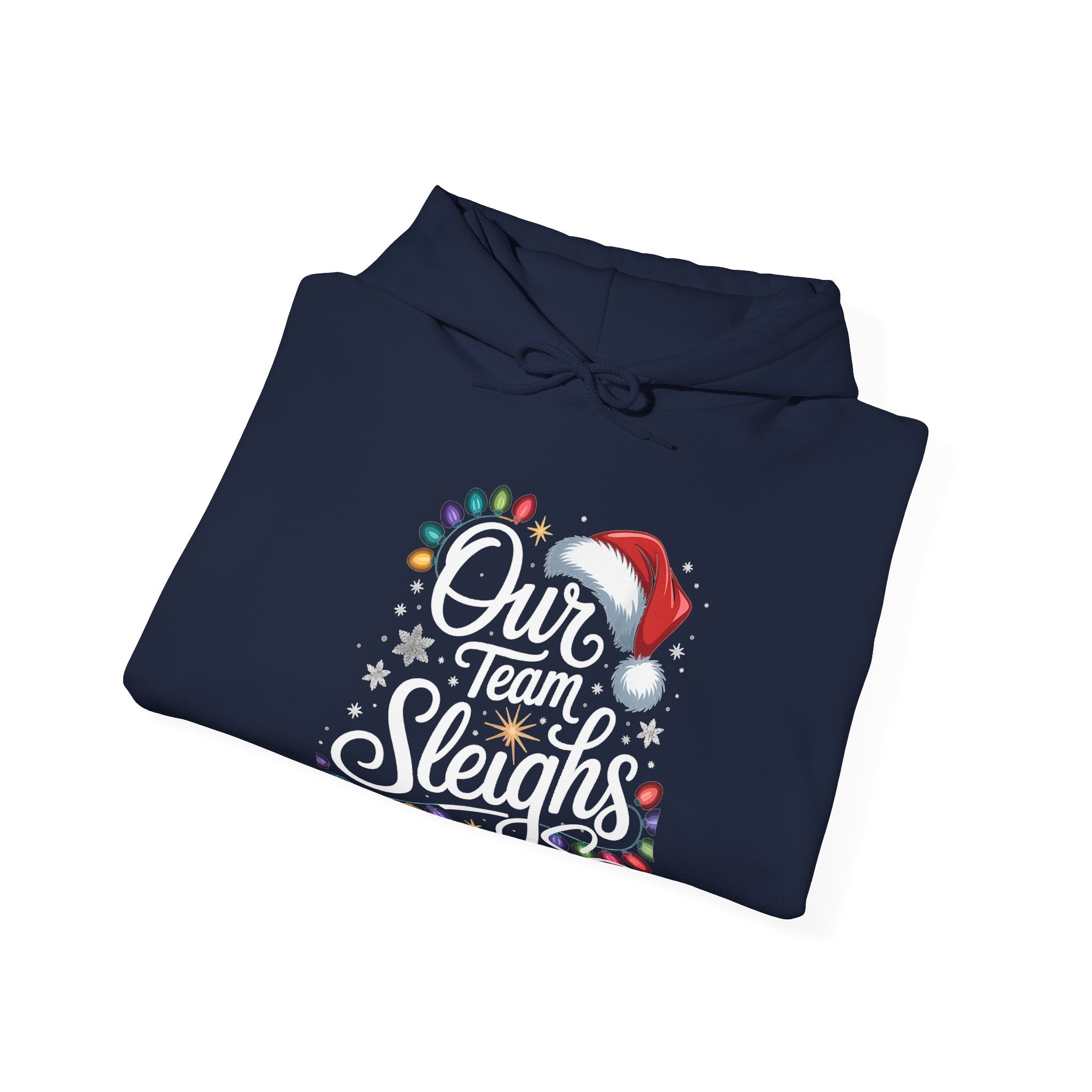 Our Team Sleighs Search Perfect Hoodie — Christmas Lights & Santa Hat Pullover