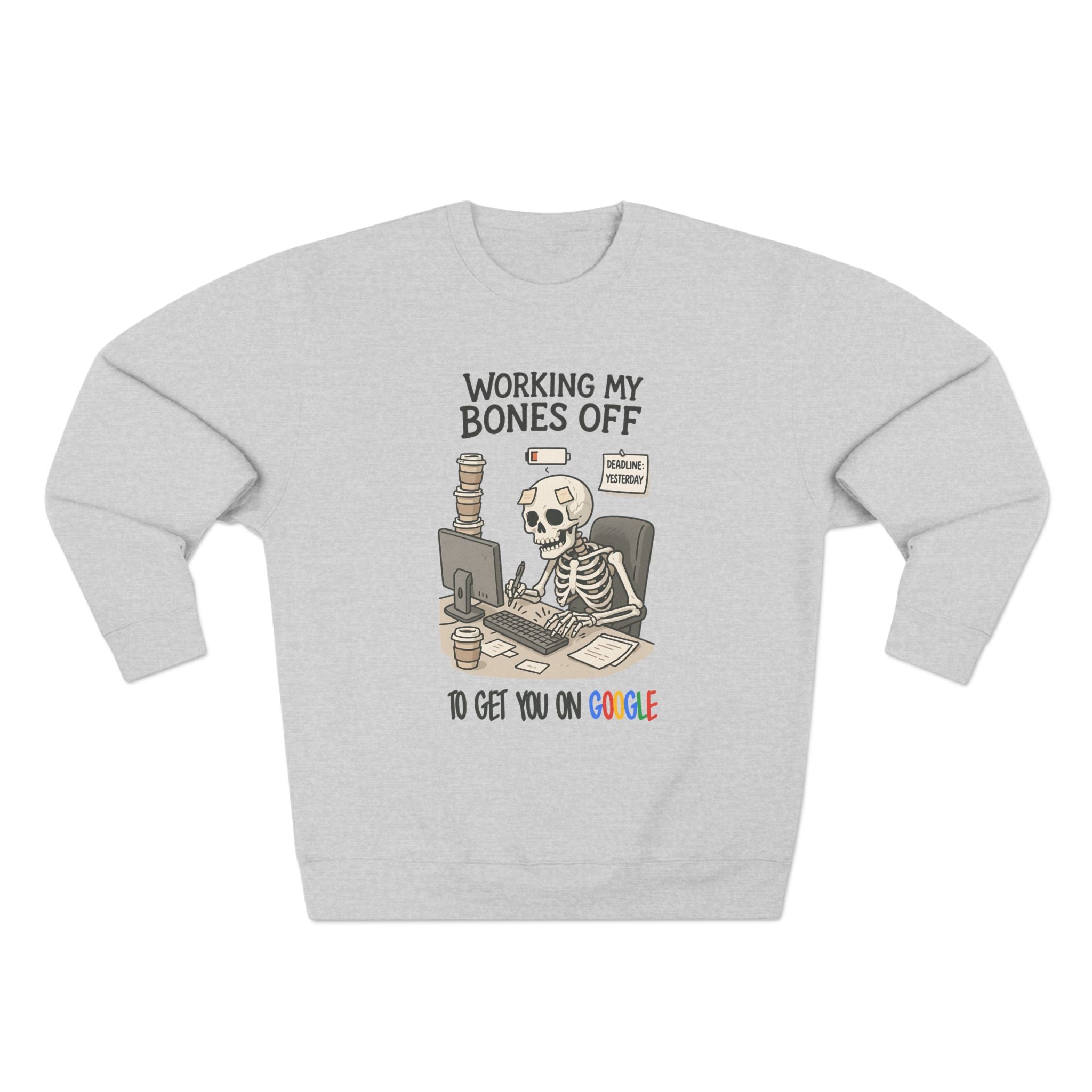 Unisex Working My Bones Off Sweatshirt, Funny Skeleton Crewneck, Casual Gift, Halloween Apparel, Office Humor Clothing, Relaxed Fit Sweatshirt