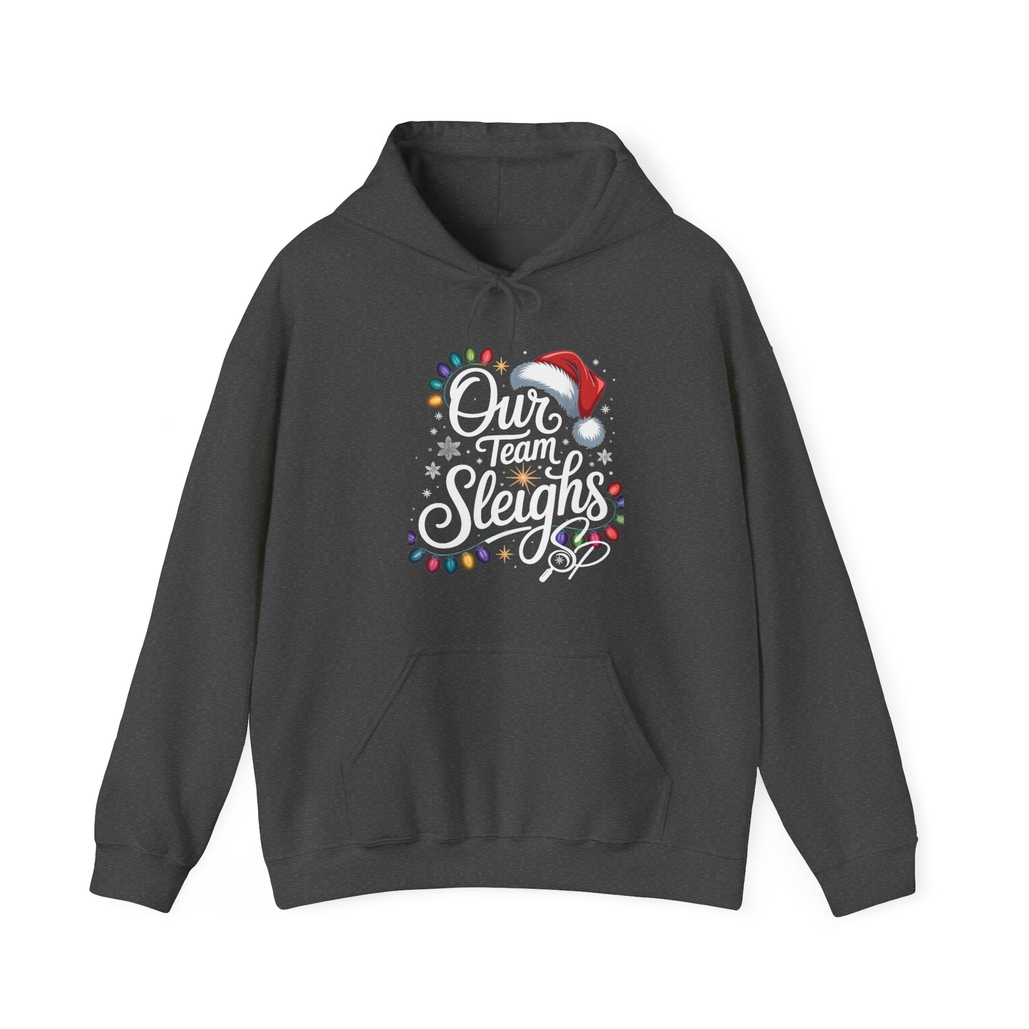 Our Team Sleighs Search Perfect Hoodie — Christmas Lights & Santa Hat Pullover