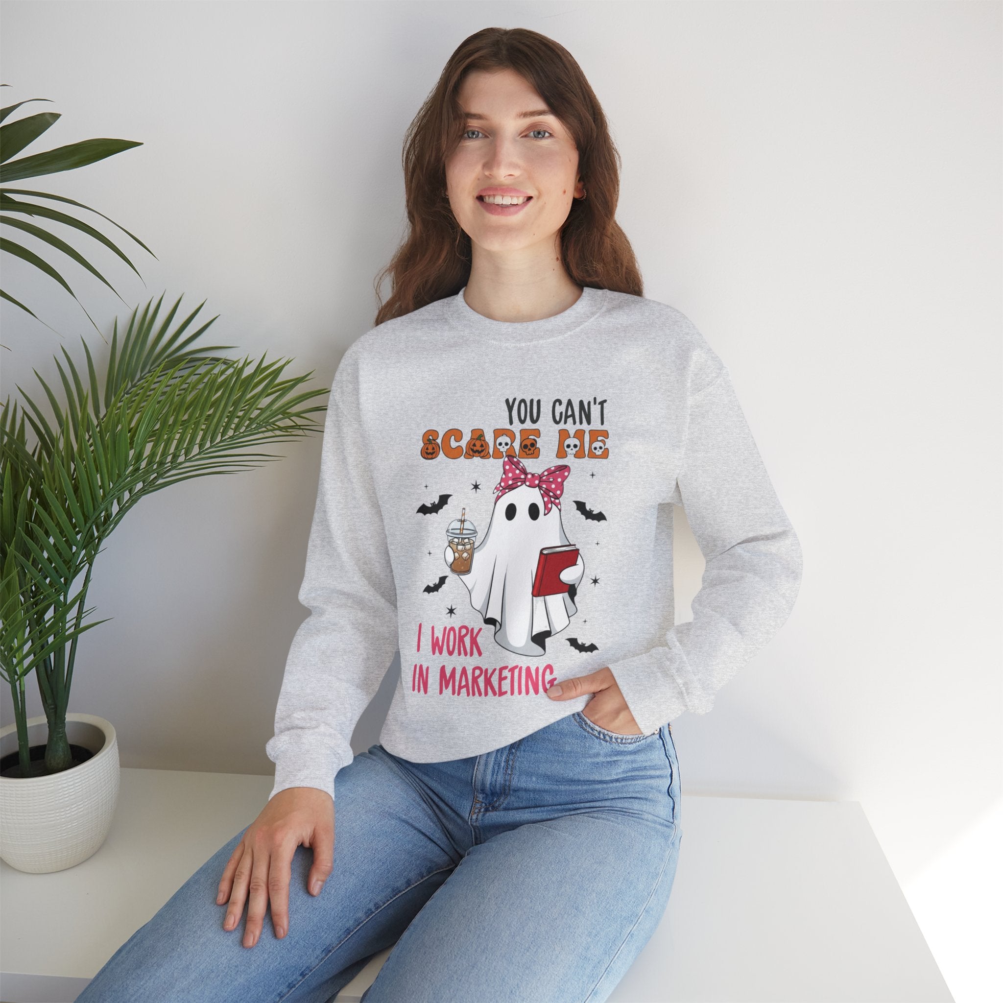 Funny Marketing Sweatshirt, Cute Ghost Ghoul Design, Halloween Gift, Unisex Crewneck, Work Humor