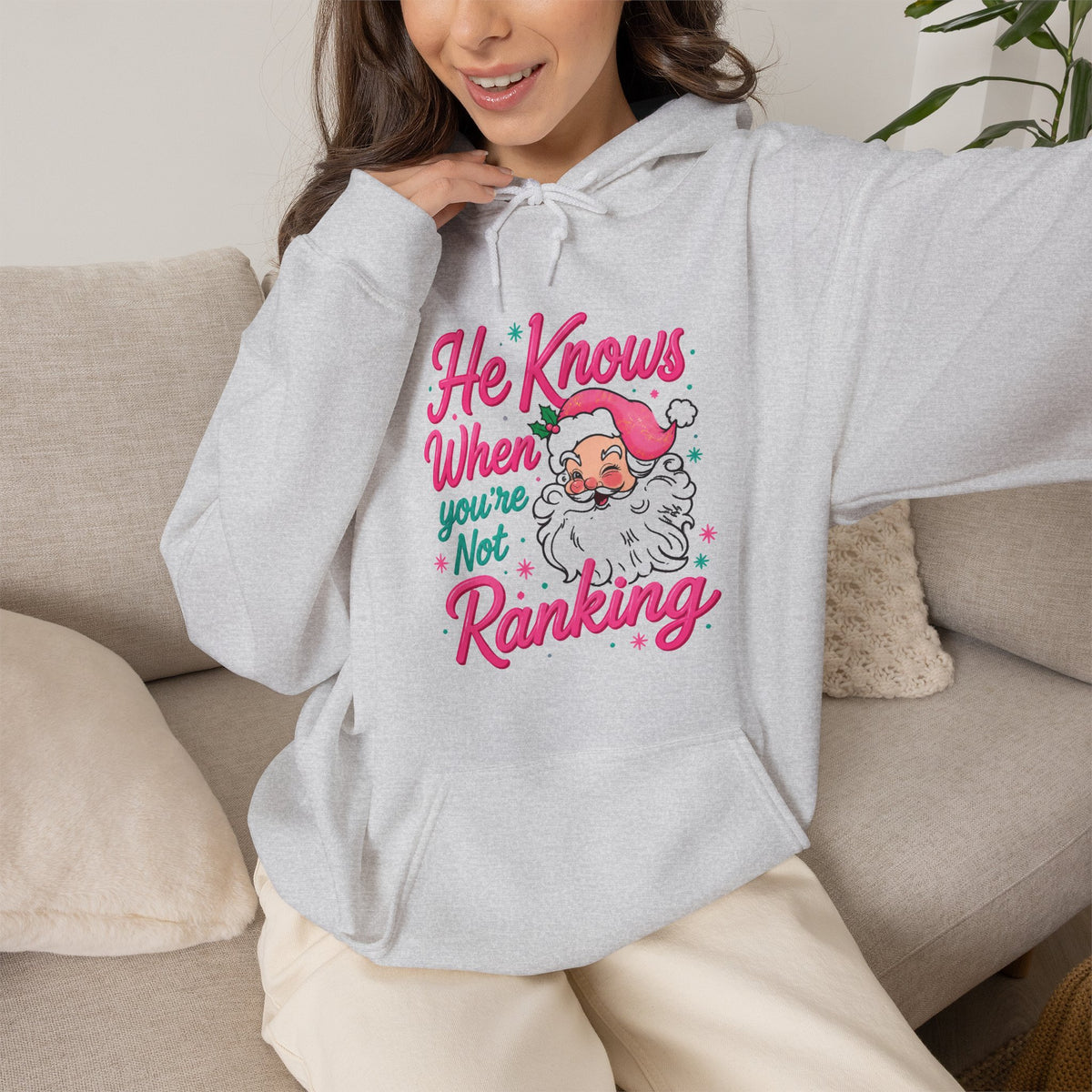 Santa Graphic Hoodie — "He Knows When You’re Not Ranking" SEO Funny Holiday Hoodie (Search Perfect Back)
