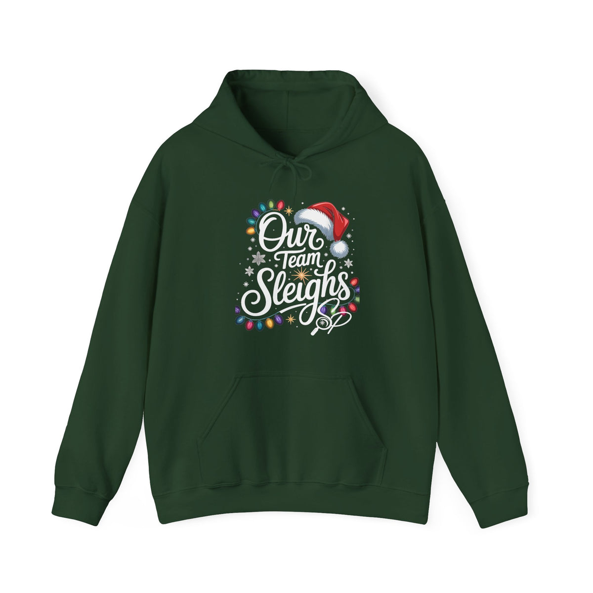 Our Team Sleighs Search Perfect Hoodie — Christmas Lights & Santa Hat Pullover