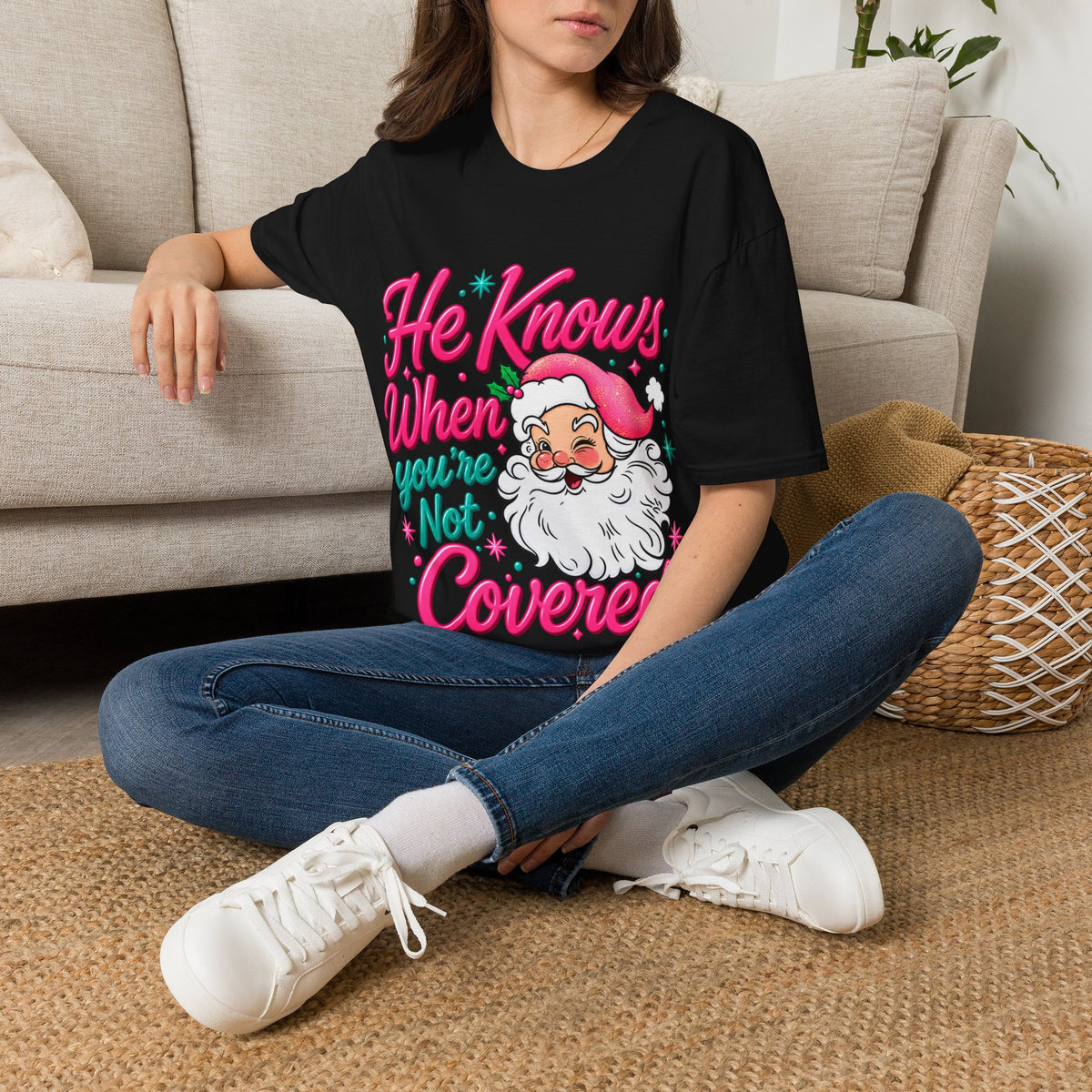 He Knows When You Are Not Covered Santa Christmas T-Shirt - Pink/Turquoise Graphic