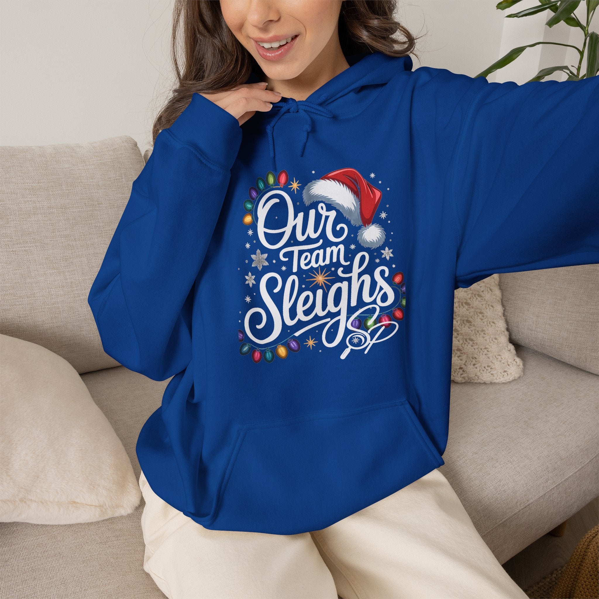 Our Team Sleighs Search Perfect Hoodie — Christmas Lights & Santa Hat Pullover