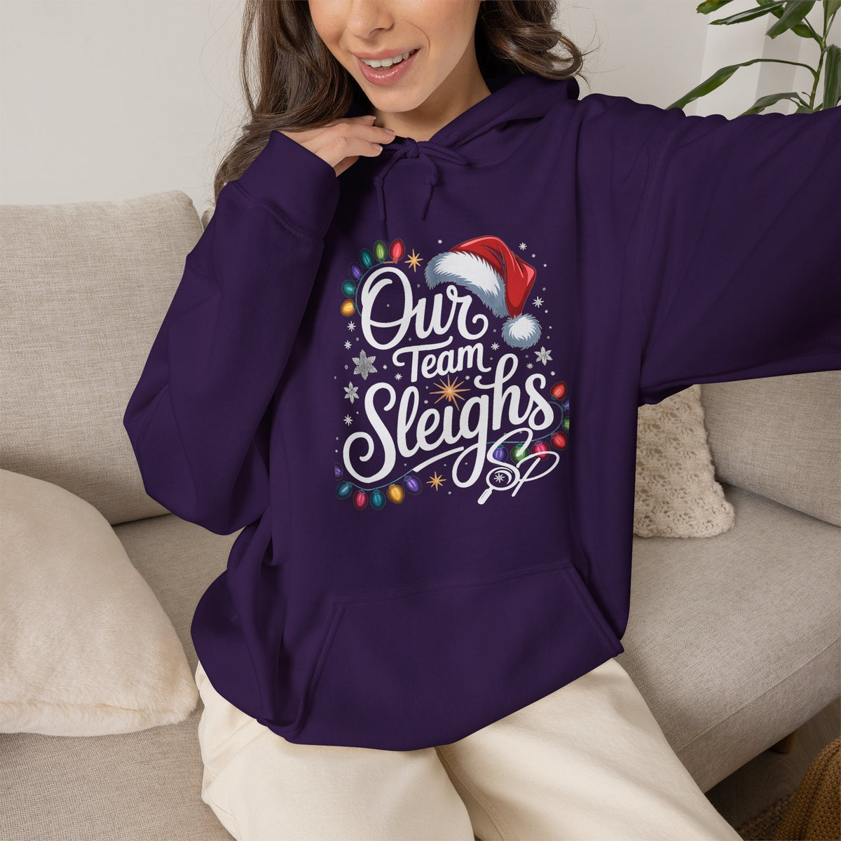 Our Team Sleighs Search Perfect Hoodie — Christmas Lights & Santa Hat Pullover