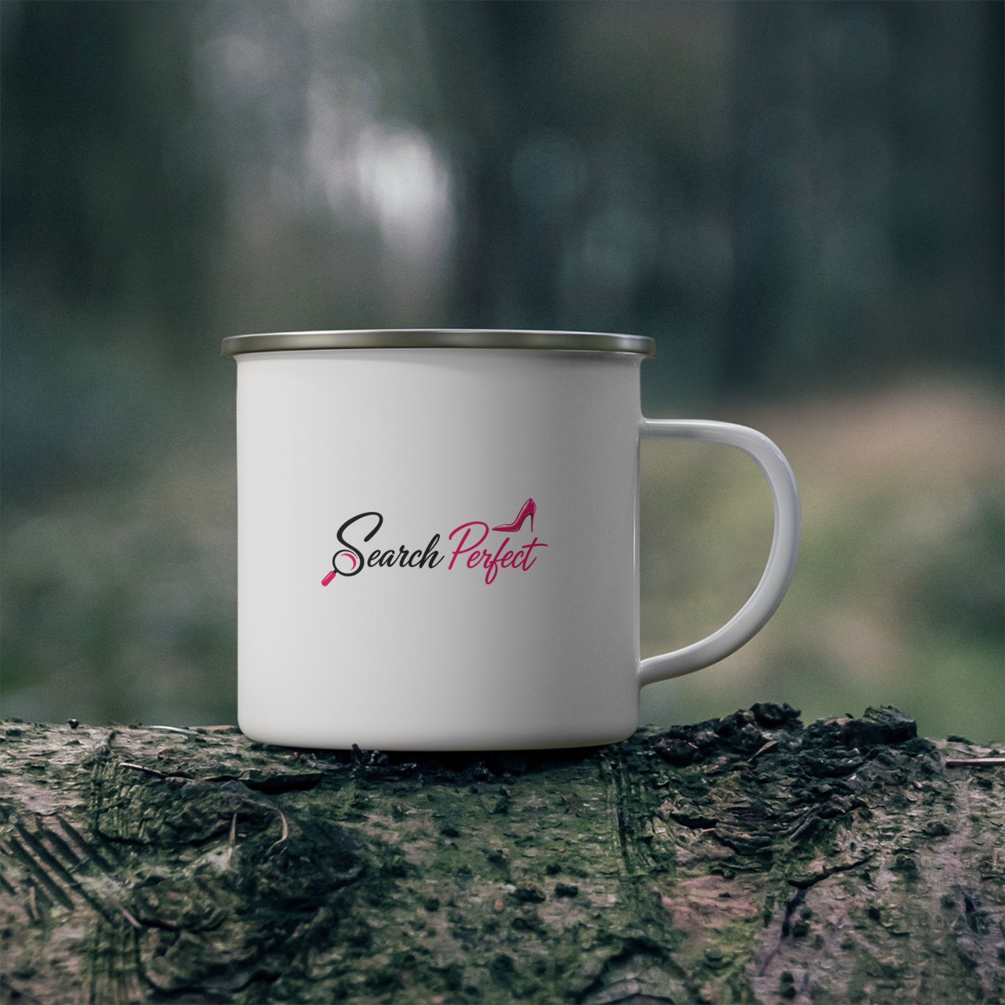 Enamel Camping Mug — Search Perfect  Retro Pink Circle Camper Coffee Cup for Outdoor Lovers