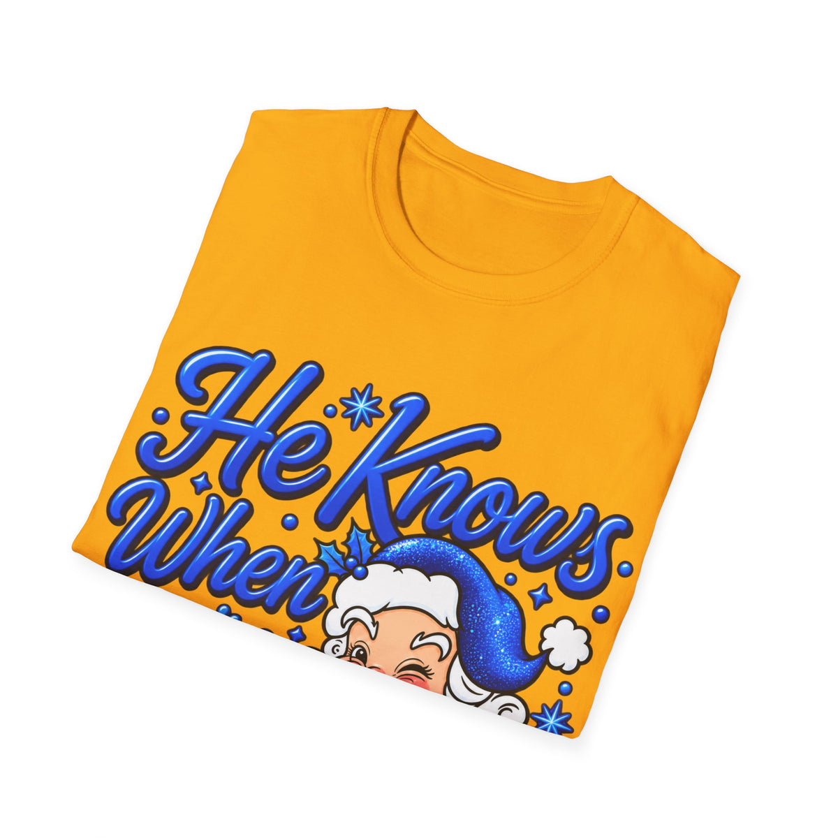 He Knows When You Are Not Covered Santa Christmas T-Shirt - Blue Black