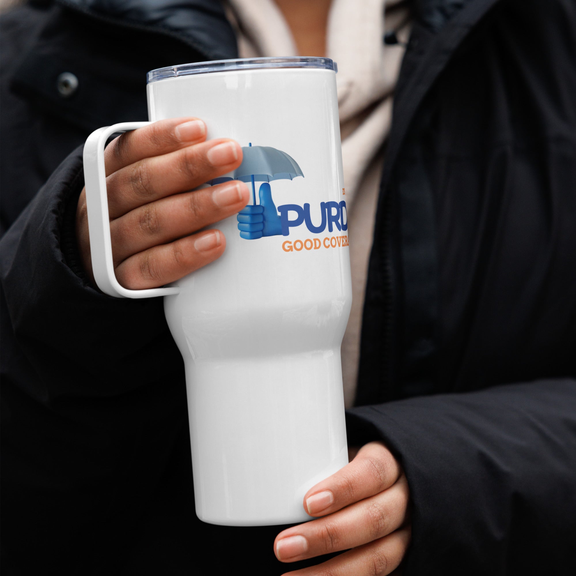 Travel mug with a handle - Kevin Purdy Logo